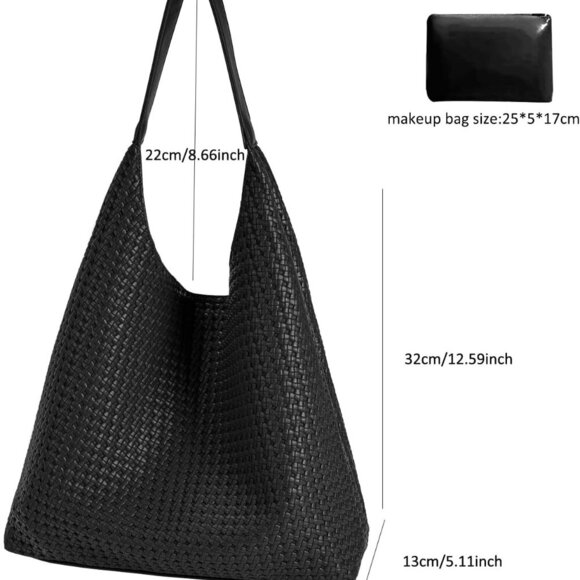 Woven Tote Bag Vegan Leather Large Capacity Shoulder Handbag for Women - Picture 3 of 8